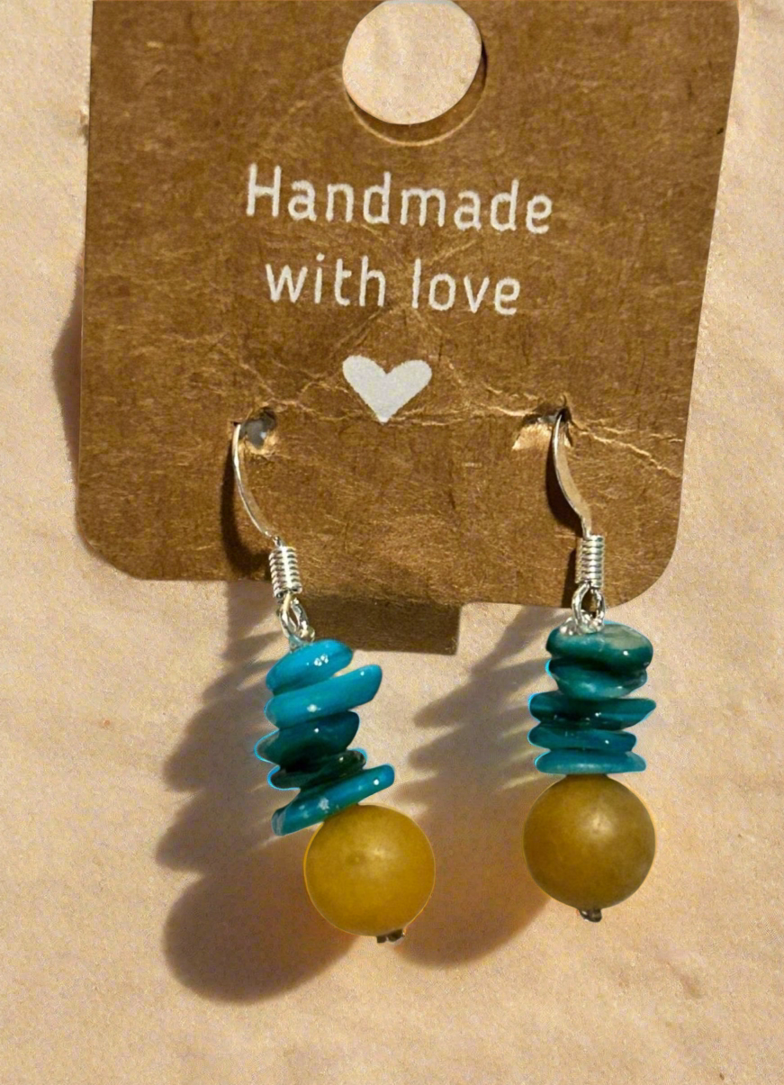 Earrings made using stone beads and yellow jade